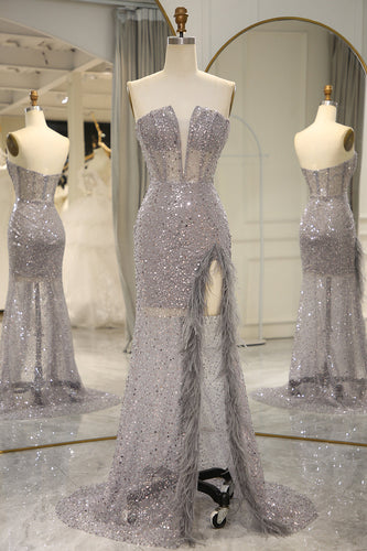 Sparkly Grey Mermaid Long Corset Formal Dress With Feathered Slit