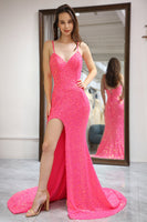Load image into Gallery viewer, Sparkly Pink Mermaid Long Formal Dress With Slit