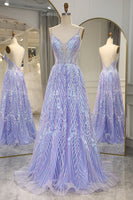 Load image into Gallery viewer, A Line Lilac Backless Long Formal Dress With Appliques