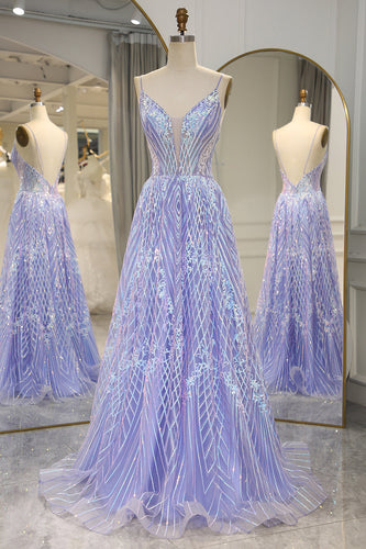 A Line Lilac Backless Long Formal Dress With Appliques