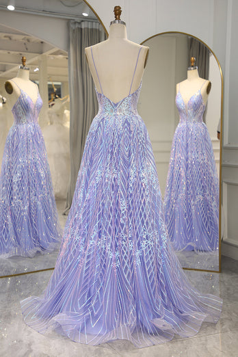 A Line Lilac Backless Long Formal Dress With Appliques