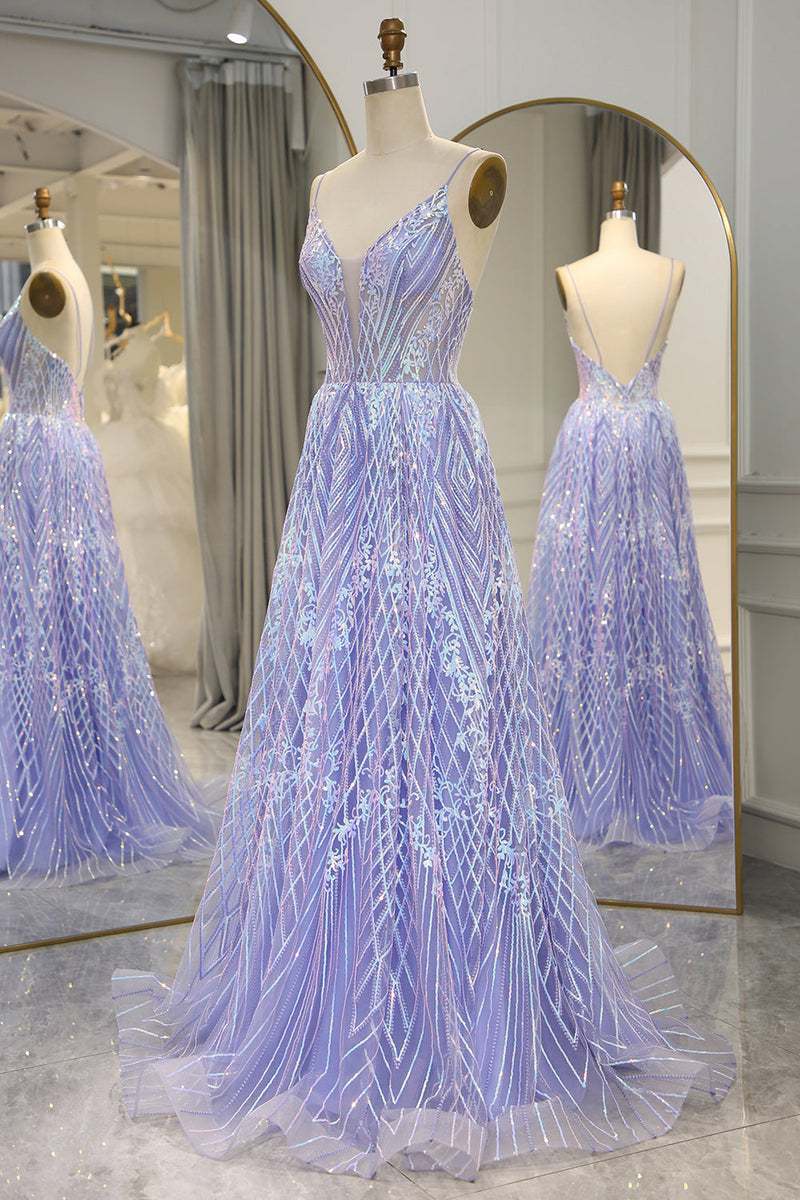 Load image into Gallery viewer, A Line Lilac Backless Long Formal Dress With Appliques