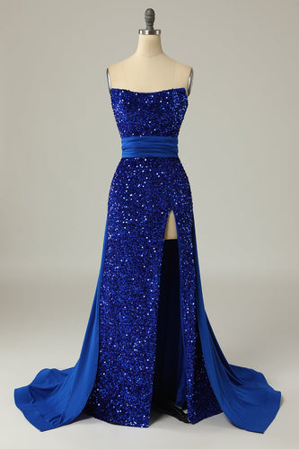 A Line Strapless Royal Blue Sequins Long Formal Dress with Split Front