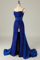 Load image into Gallery viewer, A Line Strapless Royal Blue Sequins Long Formal Dress with Split Front