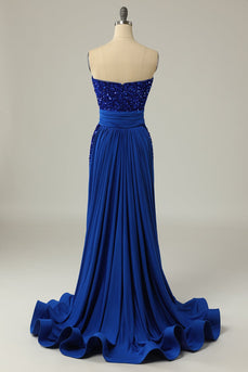 A Line Strapless Royal Blue Sequins Long Formal Dress with Split Front