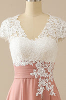 Load image into Gallery viewer, V Neck Short Sleeves Pink Mother of The Bride Dress with Appliques