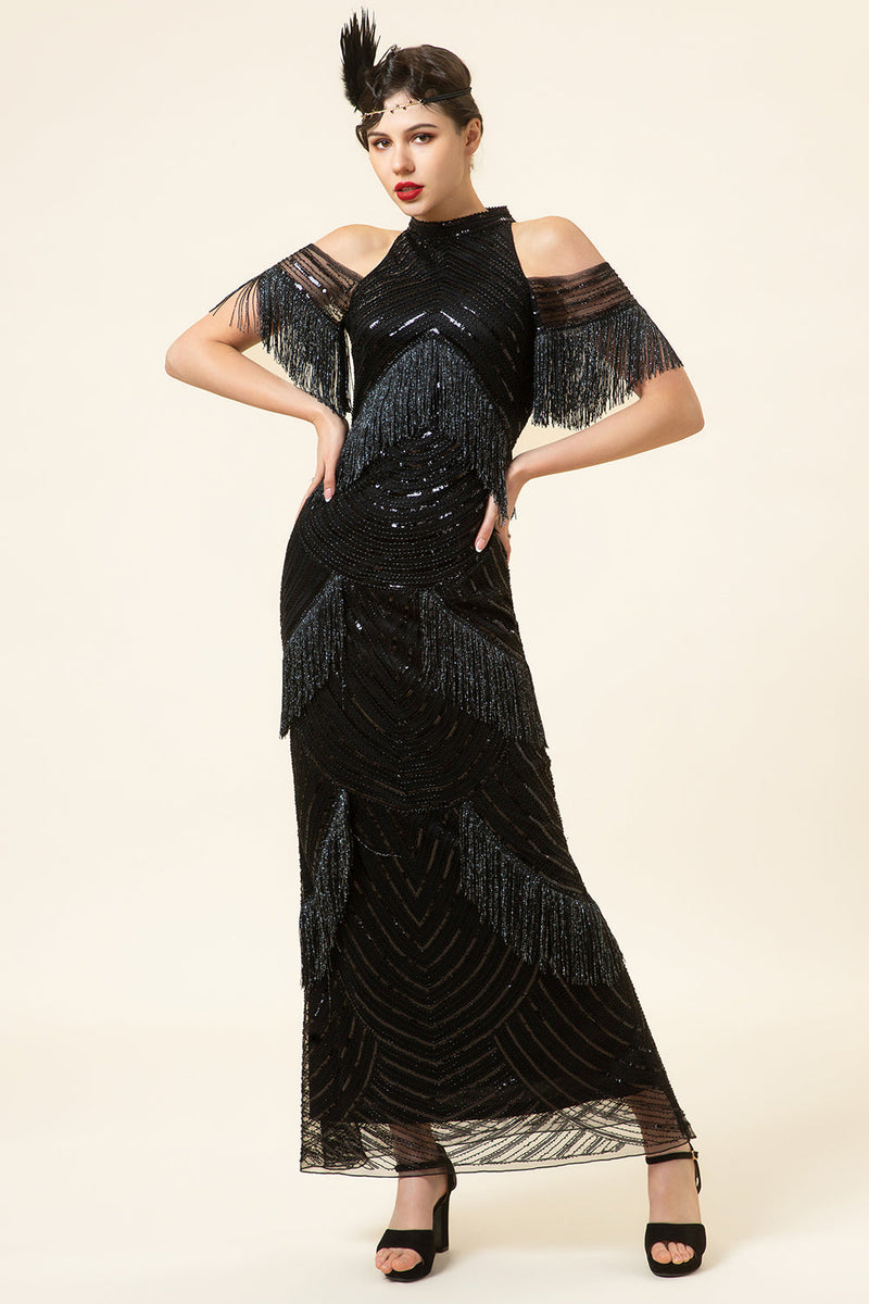 Load image into Gallery viewer, Sparkly Black Beaded Long Formal Dress with Fringes