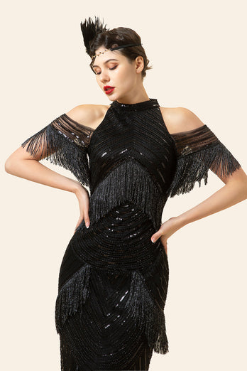 Sparkly Black Beaded Long Formal Dress with Fringes