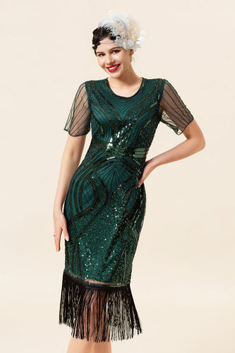 Sheath Round Neck Dark Green Beaded 1920s Dress with Tassel