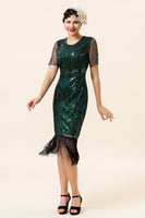 Load image into Gallery viewer, Sheath Round Neck Dark Green Beaded 1920s Dress with Tassel