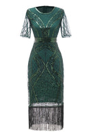 Load image into Gallery viewer, Dark Green Short Sleeves 1920s Dress With Fringes
