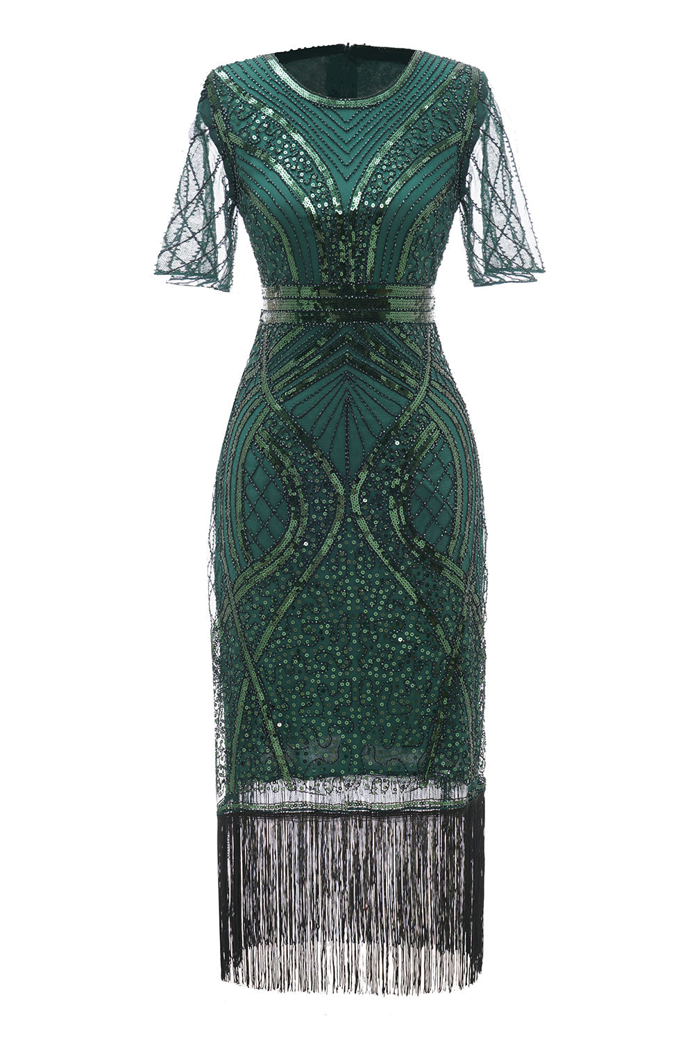 Dark Green Short Sleeves 1920s Dress With Fringes