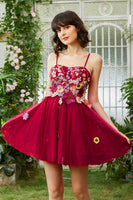 Load image into Gallery viewer, Burgundy A Line Spaghetti Straps Short Formal Dress With 3D Flowers