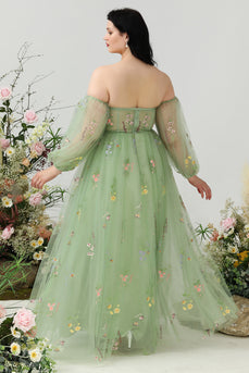 A Line Off the Shoulder Green Plus Size Formal Dress with Embroidery