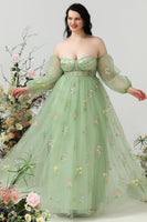 Load image into Gallery viewer, A Line Off the Shoulder Green Plus Size Formal Dress with Embroidery