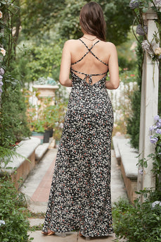 Sheath Halter Black Flower Printed Long Bridesmaid Dress