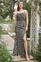 Load image into Gallery viewer, Sheath Halter Black Flower Printed Long Bridesmaid Dress