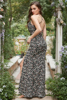Load image into Gallery viewer, Sheath Halter Black Flower Printed Long Bridesmaid Dress