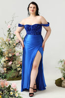 Load image into Gallery viewer, Sheath Off the Shoulder Royal Blue Plus Size Formal Dress with Split Front