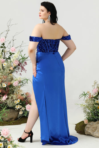 Sheath Off the Shoulder Royal Blue Plus Size Formal Dress with Split Front