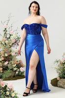 Load image into Gallery viewer, Sheath Off the Shoulder Royal Blue Plus Size Formal Dress with Split Front