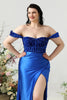 Load image into Gallery viewer, Sheath Off the Shoulder Royal Blue Plus Size Formal Dress with Split Front