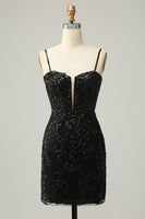 Load image into Gallery viewer, Sparkly Black Corset Sequins Tight Short Formal Dress with Lace