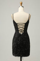 Load image into Gallery viewer, Sparkly Black Corset Sequins Tight Short Formal Dress with Lace