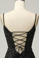 Load image into Gallery viewer, Sparkly Black Corset Sequins Tight Short Formal Dress with Lace
