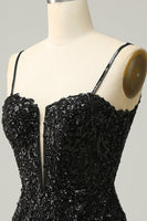 Load image into Gallery viewer, Sparkly Black Corset Sequins Tight Short Formal Dress with Lace