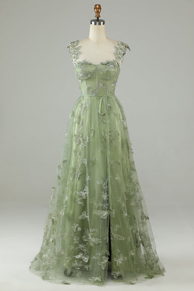 Green Corset Long Tulle Formal Dress with 3D Butterflies