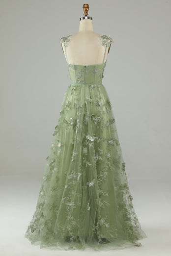 Green Corset Long Tulle Formal Dress with 3D Butterflies