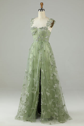 Green Corset Long Tulle Formal Dress with 3D Butterflies