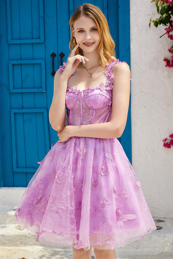 Purple A Line Corset Short Formal Dress with 3D Butterflies