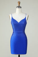 Load image into Gallery viewer, Sheath Spaghetti Straps Royal Blue Short Formal Dress with Beading
