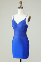 Load image into Gallery viewer, Sheath Spaghetti Straps Royal Blue Short Formal Dress with Beading