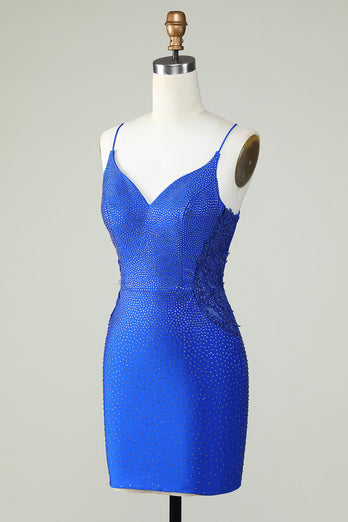 Sheath Spaghetti Straps Royal Blue Short Formal Dress with Beading