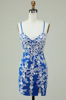 Load image into Gallery viewer, Spaghetti Straps Blue Sheath Short Formal Dress With Appliques
