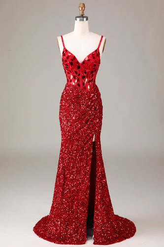 Glitter Mirror Sequins Red Corset Party Dress with Slit