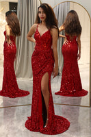 Load image into Gallery viewer, Sparkly Red Mermaid Long Mirror Formal Dress With Slit