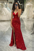 Load image into Gallery viewer, Glitter Red Mermaid Long Mirror Formal Dress With Slit