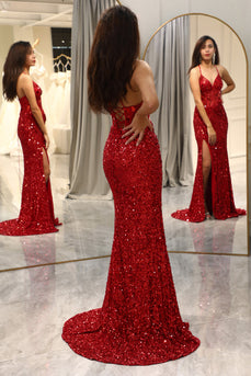 Glitter Red Mermaid Long Mirror Formal Dress With Slit