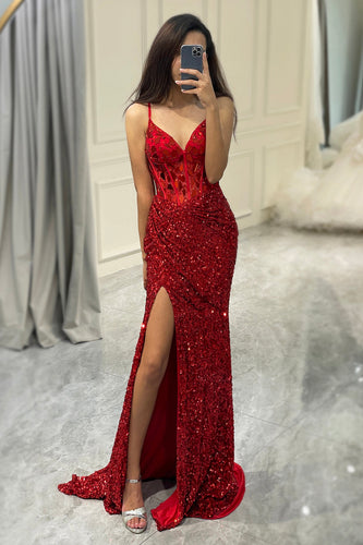 Glitter Red Mermaid Long Mirror Formal Dress With Slit