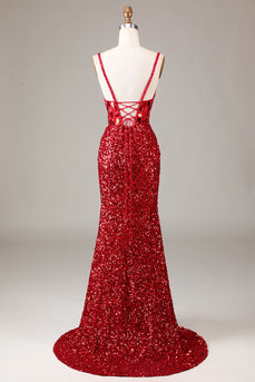 Glitter Mirror Sequins Red Corset Party Dress with Slit