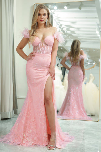 Sparkly Pink Mermaid Long Formal Corset Formal Dress With Slit