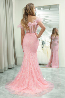 Sparkly Pink Mermaid Long Formal Corset Formal Dress With Slit