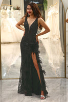 Load image into Gallery viewer, Sparkly Black Mermaid Long Feathered Formal Dress With Slit