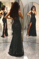 Load image into Gallery viewer, Glitter Black Mermaid Long Feathered Formal Dress With Slit