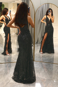 Glitter Black Mermaid Long Feathered Formal Dress With Slit