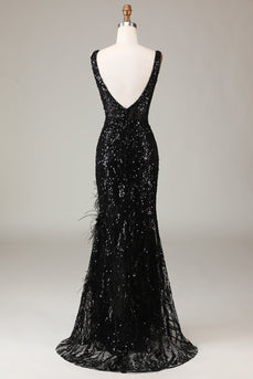 Black Sparkly Depp V-neck Mermaid Formal Dress with Feathers